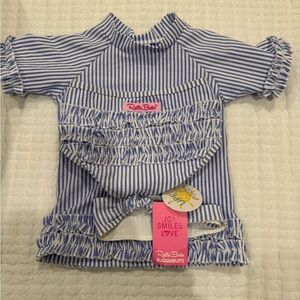 NWT Ruffle Butts Blue Striped Kids Swim Set